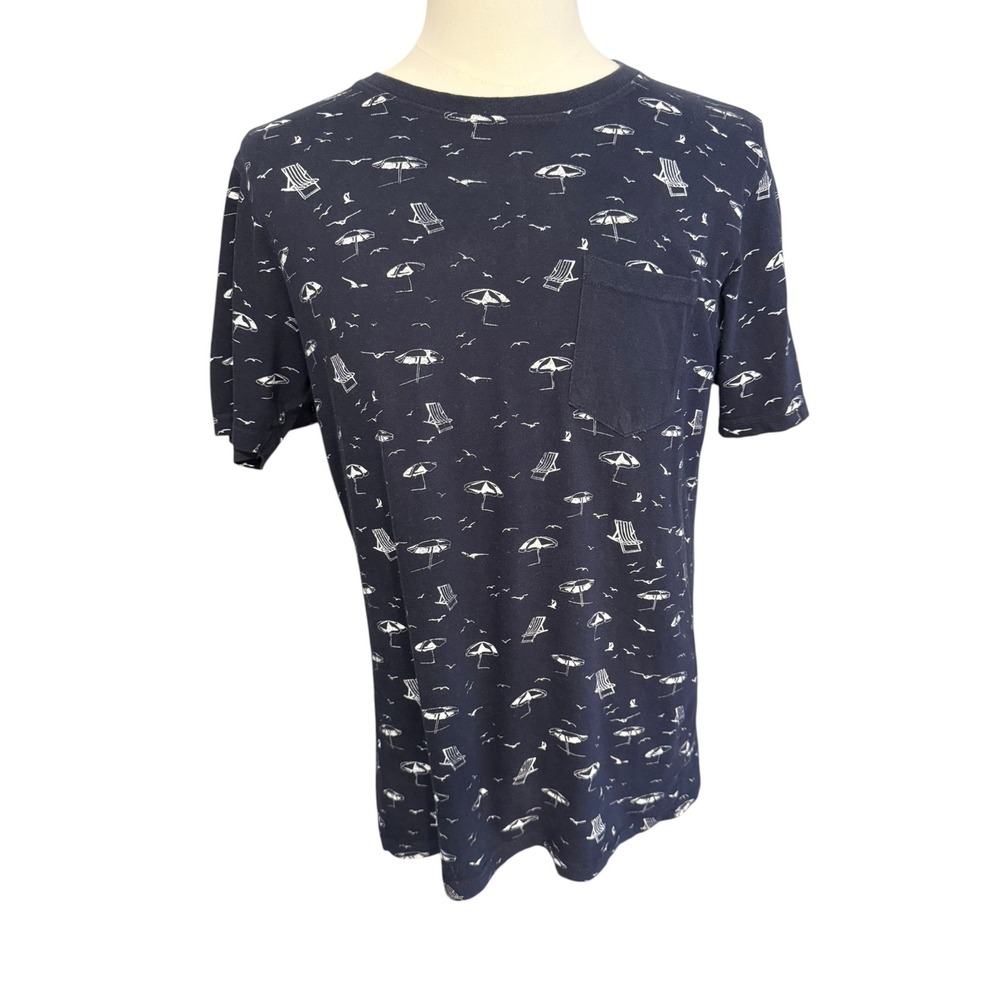 Native Code Mens Navy Blue Beach Print Pocket T-Shirt Size M Cotton Seagulls